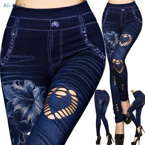 Dżinsy damskie seksowne kobiety Faux dżins Jean Slim Fit Leggings Spodnie Elastyczne spodnie legginsy 24328