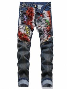 Jeans elasticizzati slim fit per uomo, ricamo teschio, pantaloni denim, toppa strappata diavolo, streetwear, distred, pantaloni dritti P5y3#