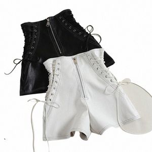 Nya höstkvinnor pu shorts bindande bågbandage hög midja shorts casual vit svart läder shorts damer alla matchar brett ben 80nf#