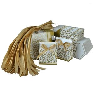 Confezione regalo 50 pezzi di bomboniere adorabili per matrimoni, scatole di carta per caramelle con nastri (dorati)