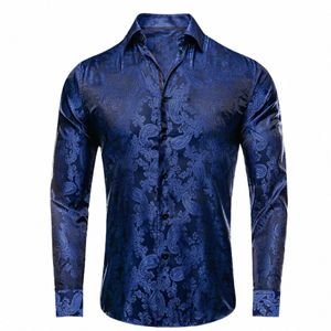 hi-tie Mens Shirts Silk Paisley Navy Blue Pink Black White Green Lg Sleeve Lapel Shirt Casual Formal for Male Wedding Busin s3bj#