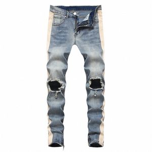 men's Side Stripe Big Holes Ripped Jeans Streetwear Ankle Zipper Slim Skinny Stretch Denim Pencil Pants Trousers Blue Black N3hQ#