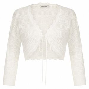 GK Women Textured Croped Cardigan 3/4 ärm tie FRT Sticked skuld