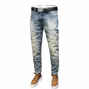 italian Style Fi Men Jeans High Quality Retro Blue Stretch Slim Fit Ripped Jeans Men Trousers Vintage Designer Pants Hombre o3lz#
