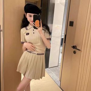 Color contrast striped POLO neck short sleeve knit top Fashion designer Luxury two-piece pleated skirt Classic skirt mm letter embroidery boutique women's wear
