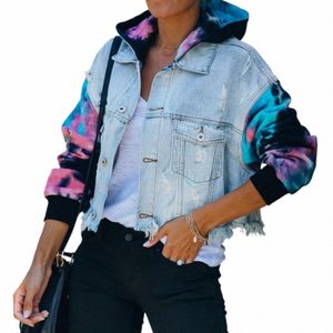 Jeansjacke für Frauen Lose beiläufige blaue Frauen Hoodies Mäntel Tie Dye Sleeve Patchwork Hoodied Denim Mäntel Weibliche Outwear B7zd #