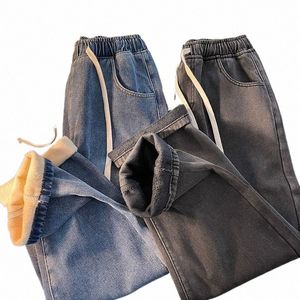 Winter Neue männer kordelzug Fleece Breite Bein Lose Jeans Streetwear Design Dicke Warme Denim Hosen Baggy Hosen Männlichen e3xL #