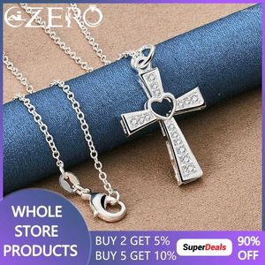 Pendants 925 Sterling Silver 18-30 Inch Chain Hollow Heart Zircon Cross Pendant Necklace For Women Man Wedding Party Fashion Jewelry