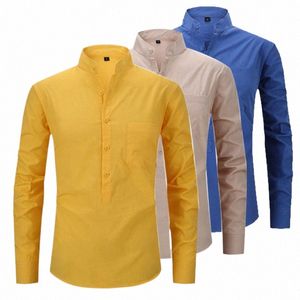 Código europeu Primavera e outono camisa de linho masculina 100% cott casual gola lg manga livre iring cor sólida a4WJ #