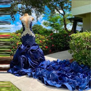 Party Dresses Luxury Navy Blue Satin Prom Gowns Women Sparkly Crystal Formal 3D Lace Appliques Mermaid Gown Ruffles Long Train