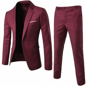 wedding Set Vintage Men Solid Color Lg Sleeve Lapel Slim Butt Busin Suit Men's Suit Groomsmen Regular Fit 2 Peice Set 95mG#