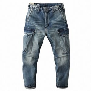 Autumn Winter New American Retro Heavyweight Denim Cargo Jeans Men's 100% Cott Wed Multi-Pocket Loose raka raka byxor W4W2#