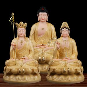 Skulpturer 3p hemmjellige dekor dyrkan skydd högklassig jade xi fang sansheng buddha staty amitabha guanyin ksitigarbha bodhisattva