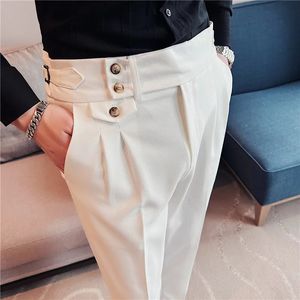 Pantaloni da abito casual da lavoro solidi primaverili in stile britannico Pantaloni a vita alta da uomo con bottoni Pantaloni formali Pantaloni da ufficio slim di alta qualità 240308