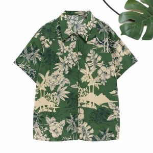 夏のシャツ軽量パッチポケットターンダウンカラー夏の花の葉プリントハワイアンシャツハワイアンシャツ汎用性のあるi1ad＃