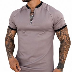 Повседневная футболка с коротким рукавом в английском стиле, мужская винтажная однотонная рубашка-поло на молнии с круглым воротником, 2023, летняя одежда, мужская рубашка Y2Ol #