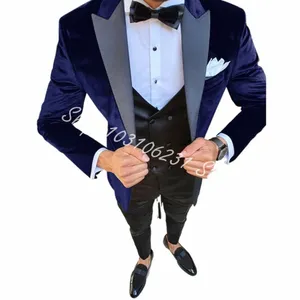 Navy Veet 3 -częściowy garnitur męski szczyt lapel Slim Fit Suits Men Blazer Groomsmen Tuxedos na wesele obiadowy kostium Homme x0fx#