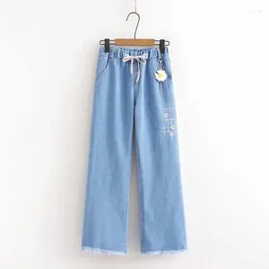 Women's Jeans Cropped Pants Washed And Worn-out Distressed White Loose Waist With Daisy Embroidery Wide Leg