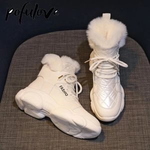 Stövlar Pofulove Women Boots Winter Shoes Platform Chunky Cotton Shoes Black White Waterproof Snow Boots Fashion Lace Up Botas Sneakers