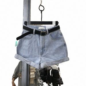 Kvinnors denim snäva shorts klassisk vintage hög midja blå bred ben kvinnliga sommar caual damer shorts jeans för kvinnor r0ug#