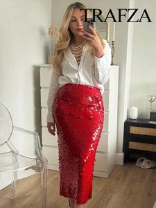 Saias Trafza Mulheres Chic Fashion Bead Decoração Vermelho Casual Midi Saia Vintage Cintura Alta Com Forro Feminino Mujer