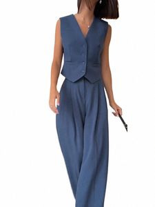 Blue Wide Leg Trousers Office Suit for Women 2024 Spring V-Neck ärm Vest Two Piece Set Pantsuit Women's Tracksuit Outfit A75o#