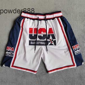 Shorts bordados de secagem rápida masculino 1992 American Dream Team Branco Calça de basquete de 4 bolsos Jd Style Retro Mesh Shorts esportivos bordados para homens