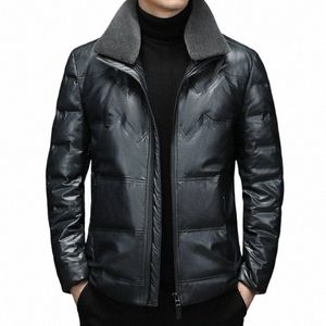 Haining Leder Daunenjacke Herren Kurz Revers Abnehmbarer Pelzkragen Verdickt Warm Hochwertige Lederjacke Mantel Herren Y82R #