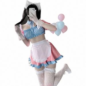 ojbk Sexy Cosplay Costumes for Female Maid Outfit Cute Cat Ear Pink Blue Top Short Skirt Uniform With Women's Exotic Dr New 39Io#