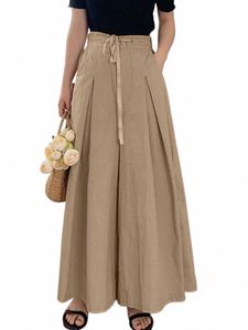 2024 Zanzea fi ol Work Pants Women's Drawstring Trousers Casual Wide Leg Pantal Elegant Soe Up Solid Palazzo Oversize P0JC#