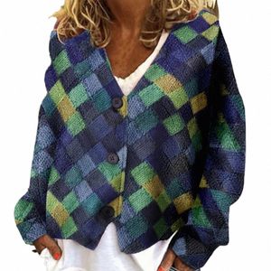 Frauen Mantel Frühling Herbst Casual Mantel LG Hülse Plaid Patchwork Geometrische Muster Einreiher Lose Fit Oberbekleidung 67lz #