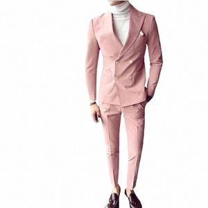 Pink Fi Sunshine Men Suits Double Breasted 2 Pieces Jacket+Pants Peaked Collar Slim Fit Suits For Wedding Party Tuxedos R8MX#