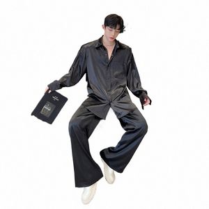 Män vårens sommar tunn satin stil lg hylsa lös casual skjorta manlig streetwear hip hop party dr skjorta scen show costumes q3nd#