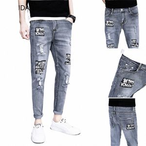 men Stylish Ripped Jeans Pants Biker Skinny Slim Straight Frayed Denim Trousers New Fi skinny jeans men Clothes pants male F09A#