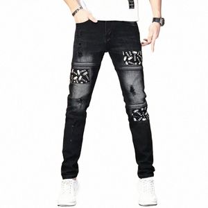 Svarta jeans män rippade hiphop stretch smal fit tryckning lapptäcke denim pants streetwear förstörde frayed moto och cyklist jeans 61mA#