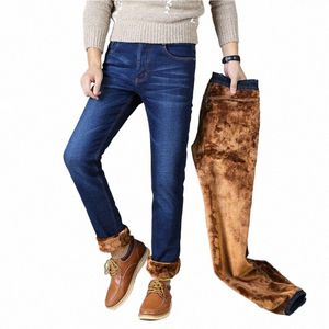 Inverno dos homens mais lã m jeans clássico denim grosso estiramento fino ajuste jeans preto casual boutique busin azul mais calças i6Os #