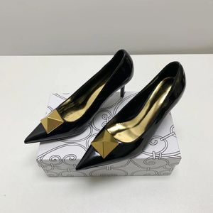 Dress Shoes Rivet Black Pointed Toe Pumps Spring 2024 Fashion Sexy Nude Slip-On Stiletto High Heels For Women Summer 8Cm