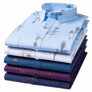 men's Dr Shirts Spring Autumn Latest Hot Sale N-ir Anti-wrinkle Busin Casual Print Thin Plaid Slim Fit chemise homme E1O7#