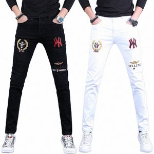 calças jeans masculinas bordadas emagrecedoras brancas, calças jeans stretch coreana versi, calças jeans pretas da moda para homens.b5ad#
