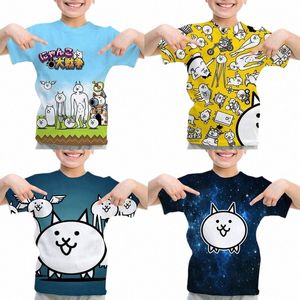 새로운 The Battle Cats T-Shirt for Kids Boys 여자 애니메이션 티셔츠 만화 게임 3D 탑 티스 여름 어린이 Tshirt 캐주얼 스트리트웨어 44mo#
