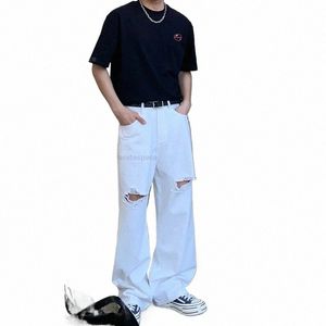 white Casual Ripped Jeans Men Fi Baggy Straight Hole Denim Trousers Streetwear Y2K Wide Legs Jean Pants 55u5#