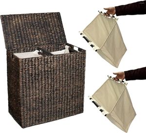 Laundry Bags Handwoven Double Hamper Removable Liner Espresso Basket With Lid