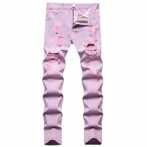 Jeans strappati slim fit casual da uomo, rosa, pantaloni nostalgici, distred, primavera, estate A7z8 #