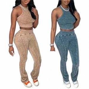 HLJ Ribbing Women Tracksuit Round Neck Solid Color SleeVel Tank Top och Leggings Fit Two Piece Pants Set Street Outfits O3pw#