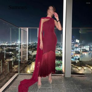 Party Dresses Sumnus Burgundy One Shoulder Mermaid Evening With Cape Tassels Ankle Length Wedding Prom Gowns Arabic Dubai Formal Dress
