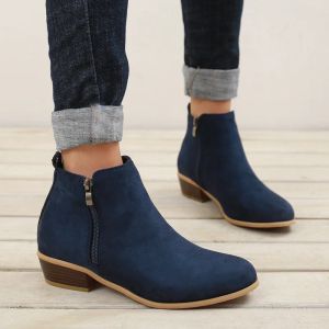 Boots 2020 Spring Women Ankle Boots Square Mid Heel Zip Shoes Woman Pointed Toe Shoes Female Classic Blue Autumn Boots Plus Size 42 43