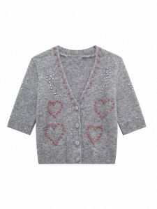 trafza malha cinza amor cardigan para mulheres casual com decote em v magro manga curta camisola feminina 2024 fi único breasted senhora topo c9yt #