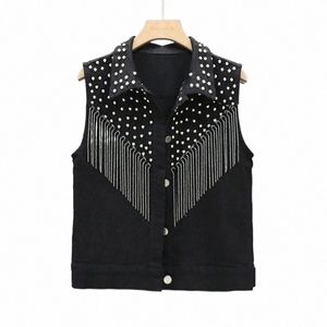 women Sleevel Short Jean Coat 2023 New Female Single Breasted Black White Rivet Tassel Denim Vest Sleevel Waistcoat Jacket C0Ba#