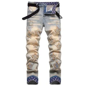 Mäns jeans herr mode jeans stjärna stick tyg elastisk ultratunna penna byxor hip hop motorcykel höstkläder j240328