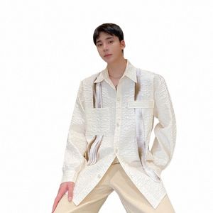 men Texture Fabric Lapel Lg Sleeve Loose Casual Streetwear Fi Shirts Korean Office Man Vintage Dr Shirts x0Zo#